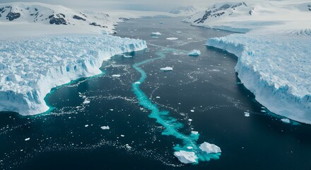 Antarctic glacial meltwater flows into the ocean, creating a vibrant turquoise stream amidst icebergs and snow-covered land. Iceland Antarctica view of ice bergs icy landscape. Snow and ices.