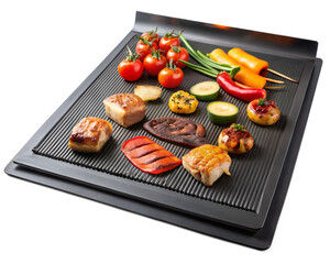 Assortment of grilled food on a griddle with vegetables and meat isolated on transparent background
