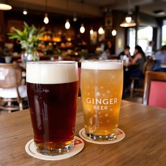 Two pints of beer on wooden pub table with one dark amber ale and one light golden ginger beer in glasses against blurred bar interior