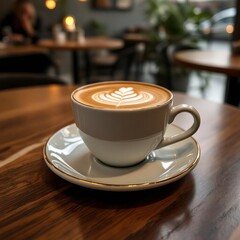 Hot latte with heart shaped foam art served in white porcelain cup and saucer on wooden cafe table in cozy modern coffee shop interior