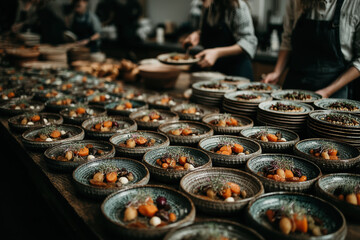 Farm to table dish with microgreens garnish in handcrafted ceramic bowls on wooden table, chefs preparing multiple plates in background, gourmet food presentation