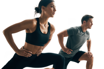Fit athletic woman and man performing lunges for strength training and fitness transparent background