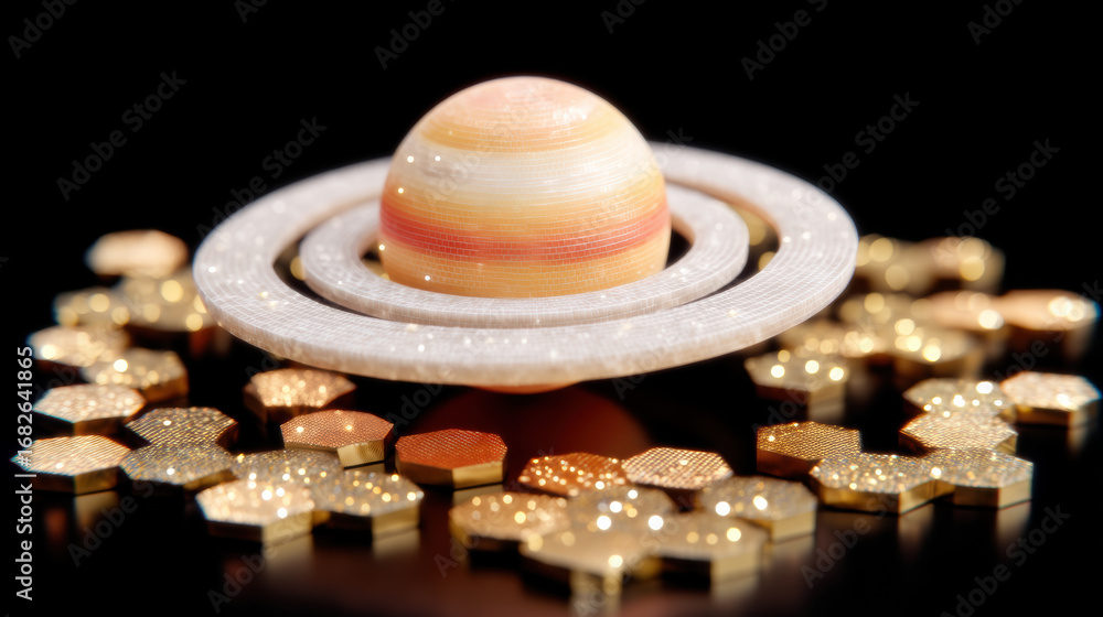 Poster shiny 3d render of striped planet with rings resting on reflective black surface with scattered gold