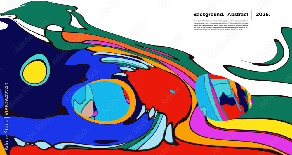 Poster abstract psychedelic brutalism wave blob striped motion curves composition morphing amoeba fluid sha