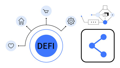 DEFI at the center with connected icons for home, shopping, heart, and gear. Blockchain diagram on the right. Ideal for finance, technology, innovation, decentralization investment cryptocurrency