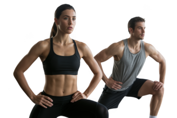 Fit athletic woman and man performing strength training exercises together indoors transparent background