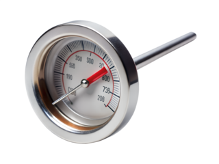 Closeup of a stainless steel meat thermometer with a red indicator isolated on a transparent background