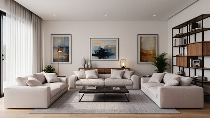 Fototapeta premium modern living room, home interior design, modern and sophisticated ambience. Emphasising comfort and elegance, captivating atmosphere with plush furniture and artwork in the wall