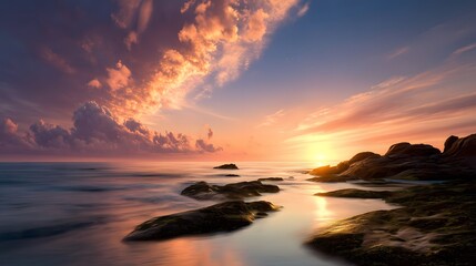 Rocky Coastal Landscape Under Ocean Sunrise, Natural Magnificent Scene Created by Gorgeous Clouds and Sparkling Sea