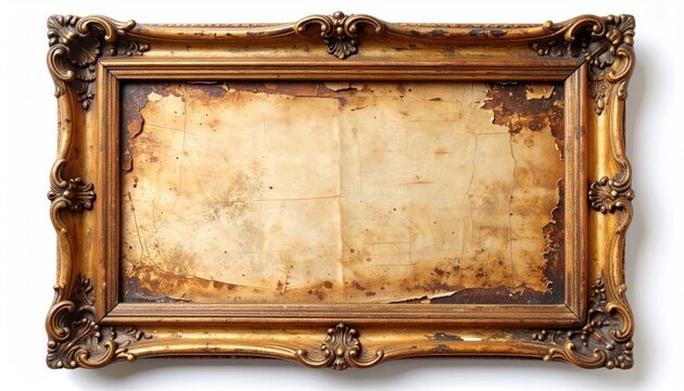Ornate, gilt picture frame surrounds a decaying, beige paper texture with peeling layers and brown stains, casting a soft shadow on a white surface