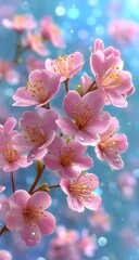 Delicate pink blossoms cluster on a branch, adorned with water droplets, set against a soft blue bokeh background