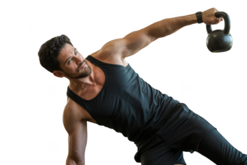 Muscular athletic man with dark hair performing kettlebell side plank exercise transparent background