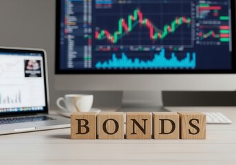 A row of wooden blocks on a desk, each engraved with a single letter to spell “BONDS.” In the background, a blurred computer monitor displays colorful financial charts and graphs