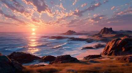 Naklejka premium Coastal Red Rock Landscape at Sunrise, Magnificent Natural Scenery with Golden Meadow and Sparkling Ocean