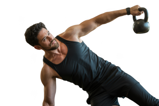 Muscular athletic man with dark hair performing kettlebell side plank exercise transparent background