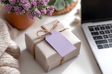 A simply wrapped gift sits on a desk next to a laptop and flowers