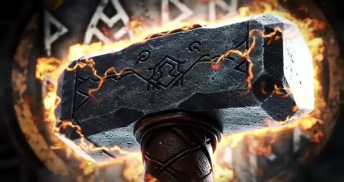 The mythical Norse hammer Mjolnir, glowing with fiery orange energy and electrical power, is shown with ancient runes carved into it.