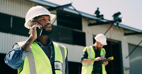 Phone call, architect and man by warehouse for maintenance, talk and building. Mobile, construction...