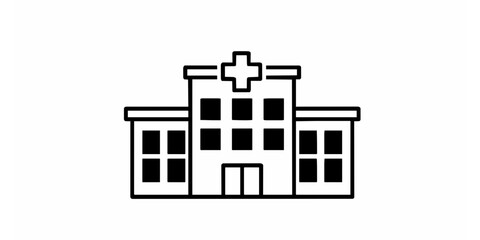 Simple line art illustration of a modern hospital building, a symbol for healthcare, medical services, and public health facilities