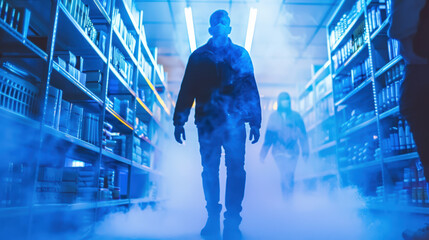 Fototapeta premium Mysterious figures walk through foggy aisle in dimly lit store with shelves filled with various products, creating eerie and suspenseful scene