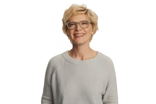 Smiling woman with short blonde hair and glasses isolated on transparent background