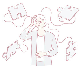 A person looks confused, surrounded by puzzle pieces, symbolizing problem-solving and introspection.