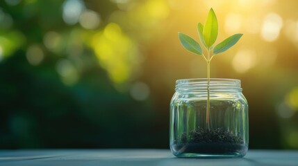 Transparent Small seedling growing inside a glass jar, symbolizing nature and sustainable growth.
