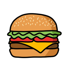 Minimal vector hamburger with bun and tomato icon with melted cheese and vegatable, flat design
