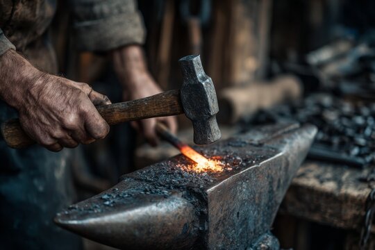 A skilled blacksmith forges glowing metal on an anvil with a hammer in a rustic workshop. The atmosphere is filled with the warmth of fire and the sounds of craftsmanship