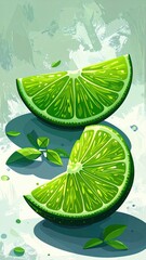 Two vibrant green lime wedges, stacked slightly overlapping on a pale background, with several small green leaves scattered nearby