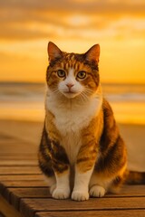 Obraz premium Orange tabby cat sitting on a wooden deck with a golden sunset background