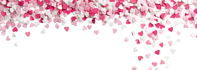 Pink and white heart-shaped confetti falling on a black background