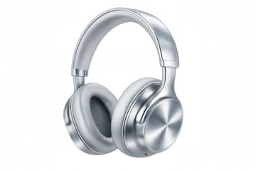 Modern silver wireless headphones floating on a transparent background, perfect for music lovers and audiophiles