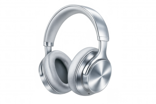 Modern silver wireless headphones floating on a transparent background, perfect for music lovers and audiophiles