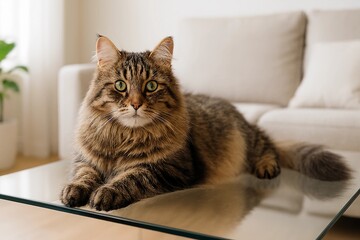 Brown tabby cat lounging on a glass table in a bright modern living room
