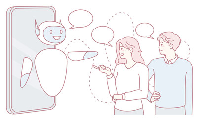 A couple happily engaging in an enjoyable conversation with a cheerful and friendly robot displayed on a screen