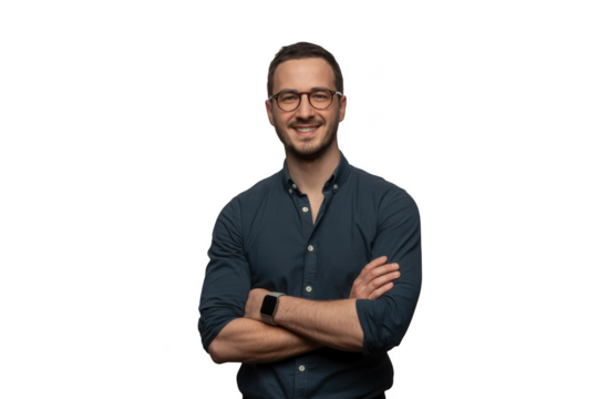Professional headshot portrait of a smiling man with glasses and crossed arms transparent background