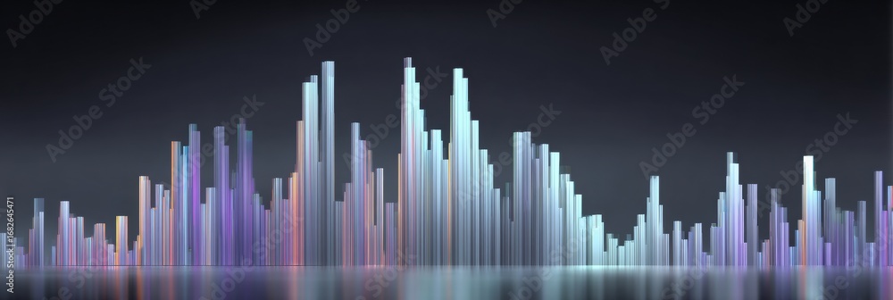 Poster colorful vertical bars rise and fall on a reflective surface, creating an abstract sound wave effect