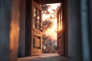 An open wooden door with warm light streaming through, symbolizing new beginnings and opportunities.
