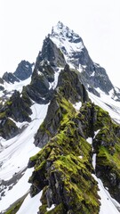 A dramatic mountain peak covered in snow and moss, reaching towards a bright sky, showcasing natural beauty and rugged terrain
