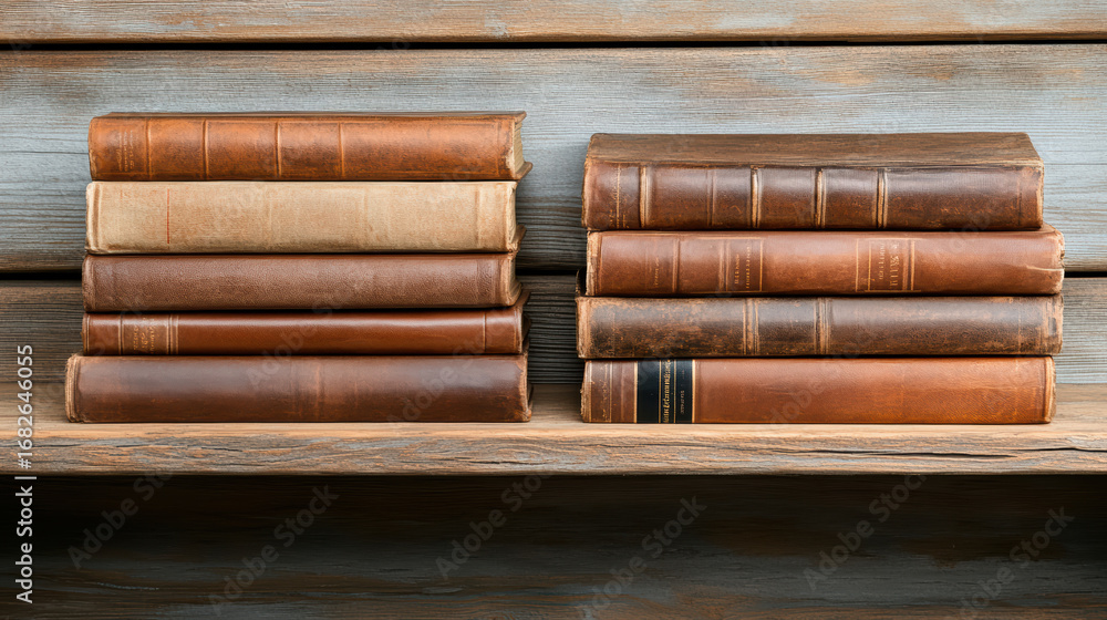 Poster old leather bound books stacked on rustic wooden shelf create nostalgic atmosphere