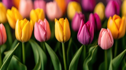 Naklejka premium Colors Close up of multicolored tulips standing tall in a neatly arranged garden display