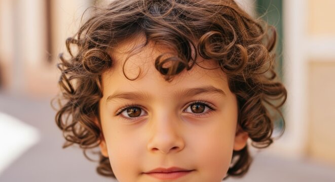 Curly-haired caucasian child with brown eyes smiling in sunlit urban street