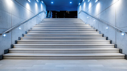Modern staircase illuminated by blue lights, creating serene atmosphere for visitors