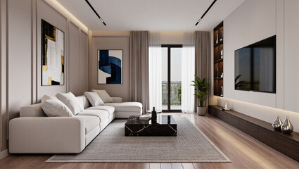 Obraz premium modern living room, home interior design, modern and sophisticated ambience. Emphasising comfort and elegance, captivating atmosphere with plush furniture and artwork in the wall