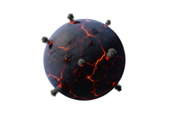 A spherical celestial body, fractured and riddled with fissures, displays molten lava flowing within its cracks, while plumes of smoke emerge from various points, creating a dramatic and fiery scene.
