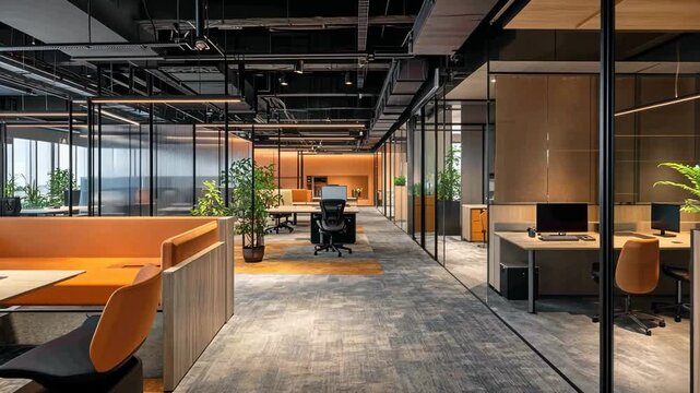 Modern office interior with glass partitions, orange accents, and a neutral color palette.  The space features a long hallway, individual workspaces, and a collaborative seating area