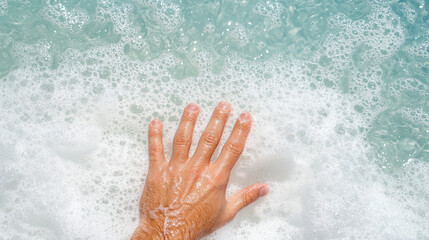 Fototapeta premium Hand reaching into foamy ocean wave creates serene and refreshing moment