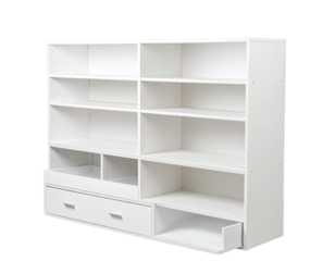 Contemporary White Storage Shelves with Drawers, Transparent Background