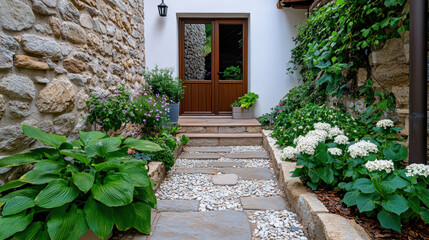 Naklejka premium Lush garden pathway leads to welcoming door, surrounded by vibrant flowers and greenery
